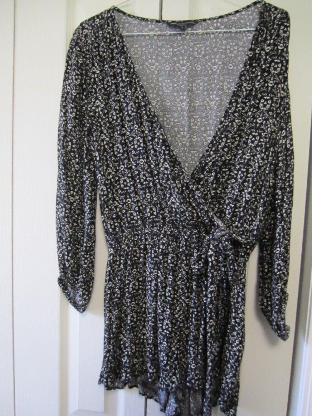 American Eagle Outfitters Black and White Floral Wrap Romper